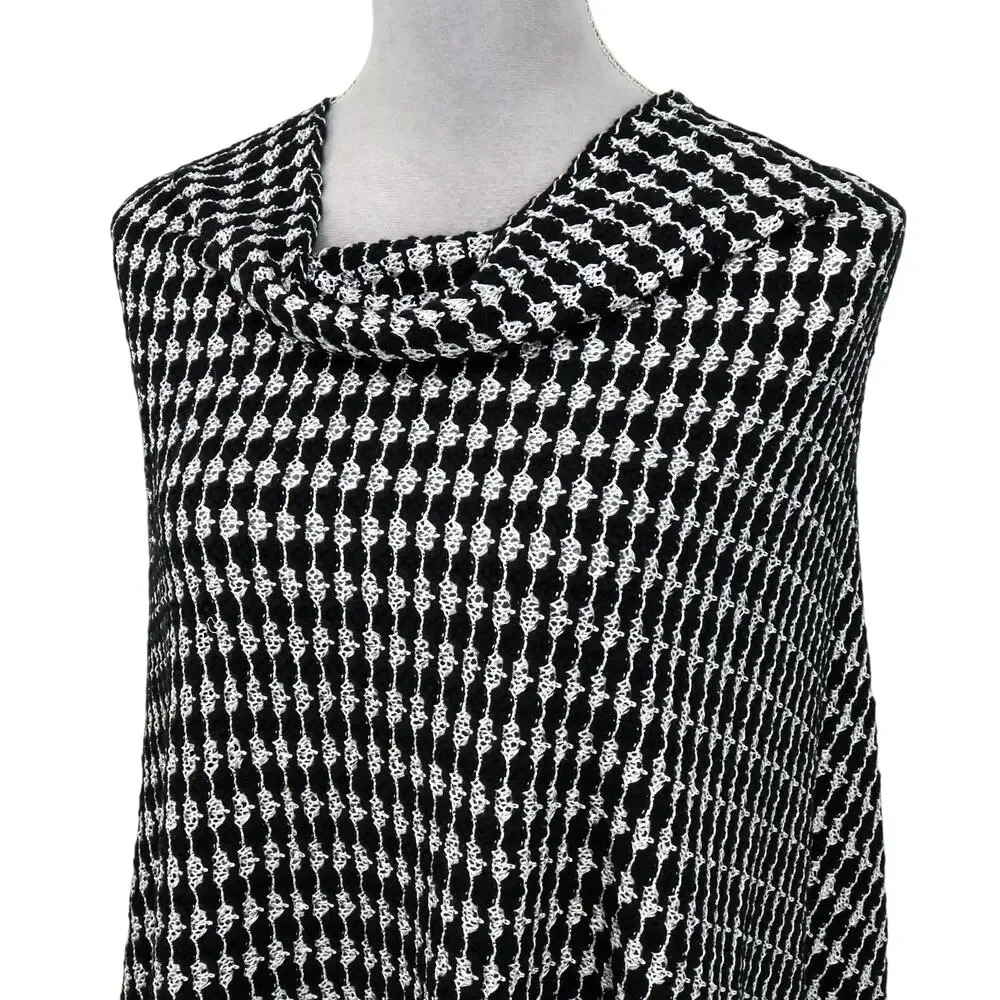 Chicos Poncho Shawl Womens Large Black White Fringe Hem Sweater Knit Boho Chic